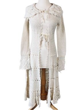RARE Free People Cream Pineapple Crochet Maxi Duster Jacket Coat